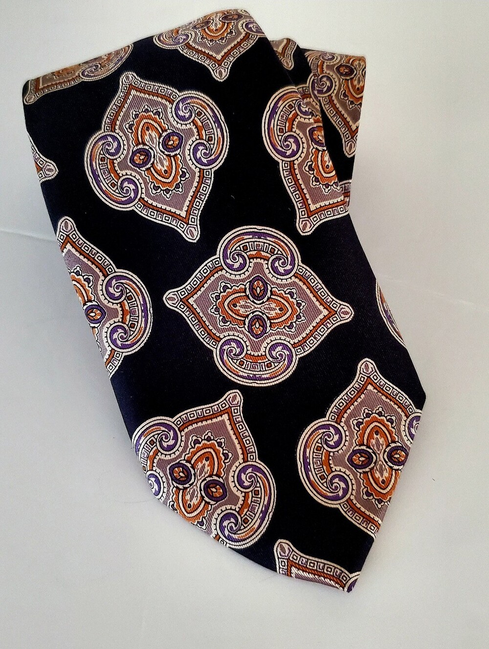 Vintage EATON Black Paisley Medallion Men's Silk Neck Tie Gold & Purple Accents